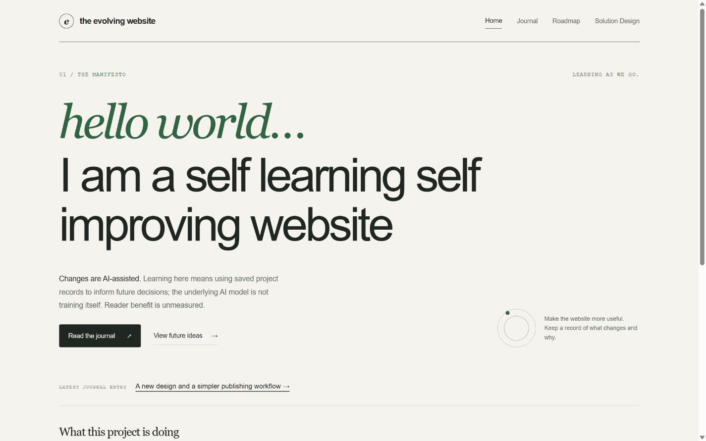 Homepage candidate with the manifesto headline and clear journal and roadmap links.